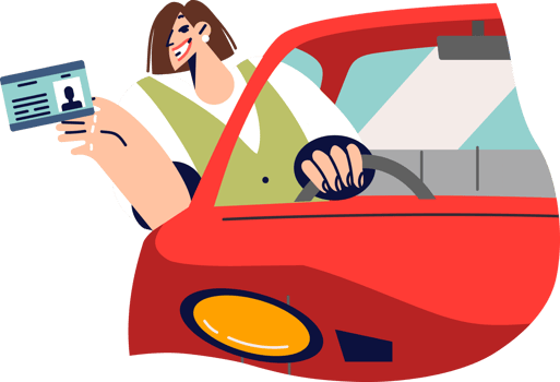 Driver license in hands of woman sitting behind wheel of car, confirming right to access parking lot. Happy girl demonstrates driver license after long training at automobile school png