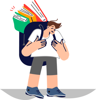 Upset boy with books in backpack suffers from complex educational program in primary school. Need to read books causes discomfort and depression in student who wants to sit back and have fun png