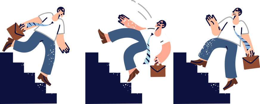 Business man climbs up career ladder and falls down or reaches goal in professional growth. Different results for men striving for success on dangerous career ladder that can ruin lives png