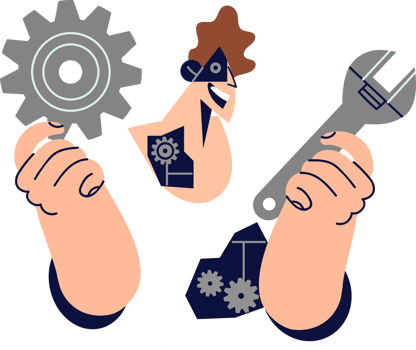 Man cyborg with implanted robot parts replacing organs and eyes fixes himself with wrench. Futuristic cyborg robot similar to human smiles, demonstrating gears of mechanisms that ensure functionality. png