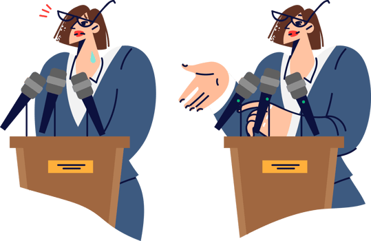Glossphobia in woman speaking in front of audience, standing near podium with microphones. Contrast between confident businesswoman and novice girl with glossphobia who needs oratory skills png