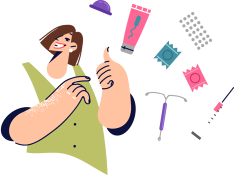 Girl recommends female contraception and shows thumbs up, promoting protected sex. Condoms and hormonal pills against unwanted pregnancy, and protecting health through contraception png