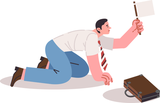 Business man suffered defeat in competition for job and is showing white flag, asking for mercy. Office clerk falls victim to corporate intrigue and is humiliated after being defeat png