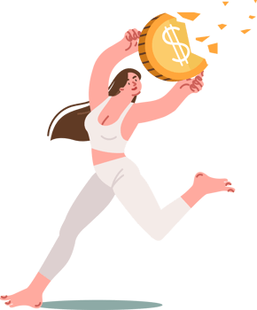 Problem of inflation destroys savings of woman suffering from crisis and running with large coin in hands. Concept of inflation recession due to small federal reserve interest rate png