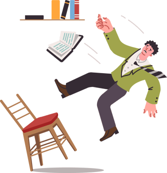 Man falls from chair, reaching for book located on shelf, and risks getting spinal fracture. Accident involving library patron who falls from chair due to poor behavior or broken furniture png