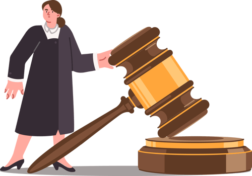 Woman judge makes fair decision for defendant who has broken law, standing near large gavel. Miniature judge feels fear and fears consequences due to need to pass sentence on criminal png