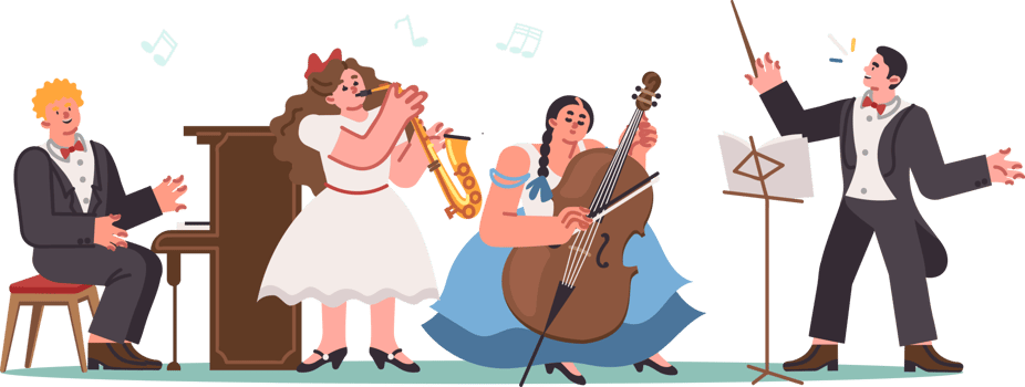 Children orchestra performs classical music with conductor leading musicians with violin or trombone. Children school orchestra on stage during concert or festival with spectators. png