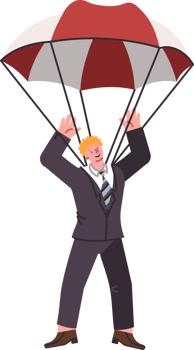 Insurance in form of parachute for business man escaping after company goes bankrupt or fired from job. Corporate manager insurance that allows to avoid life-destroying career shocks. png