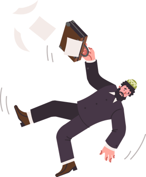 Business man falls down after going bankruptcy or being fired from job, risking losing everything due to lack of insurance. Clerk needs safety net to avoid bankruptcy during financial turbulence png