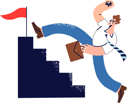 Business man leader runs up stairs trying to be first to reach finish line, ahead of colleagues and competitors. White collar guy leader strives to climb career ladder and become boss of company png