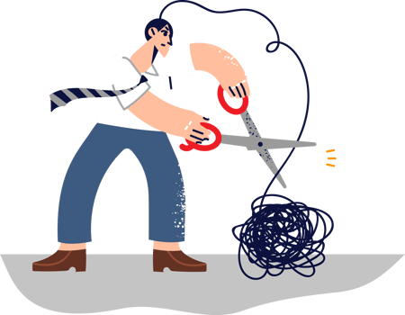 Man gets rid of psychological problems arising from childhood traumas by cutting off tangled wad of thread with scissors. Business guy working on achieving psychological balance in life png