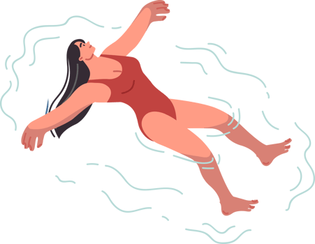 Woman floats on back in pool, enjoying water treatments that improve mood and relax body in summer weather. Girl leads active lifestyle visiting pool or swimming in ocean at seaside resort png