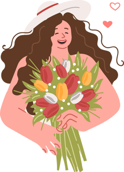 Woman with bouquet of flowers in hands rejoices at romantic gift from boyfriend who congratulated on march 8th. Girl with bouquet laughs after receiving tulips on anniversary of start of relationship png