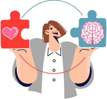 Business woman consciously chooses from feelings and reason, holding puzzle pieces with image of heart and brain. Girl is consciously trying to achieve balance between career and personal life. png