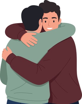 Two friends embracing warmly in a minimal style, showcasing camaraderie and joy, depicted in vibrant colors, illustration vector