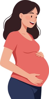 Pregnant woman smiling warmly while gently cradling her baby bump in a flat, modern style illustration conveying joy and anticipation of motherhood vector