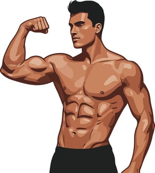 Strong athletic man flexing his bicep in a confident pose, minimal design showcasing muscular physique in vibrant colors, art vector