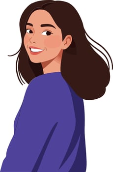 Cheerful young woman with long brown hair smiling and looking back, depicted in a flat design style, illustration vector