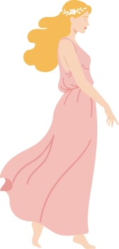 Graceful woman in a flowing pink dress walking gently through a serene setting in a flat illustration vector