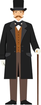 A distinguished gentleman in a top hat and formal attire, standing confidently with a cane, illustrated in a minimal and modern design style, art vector