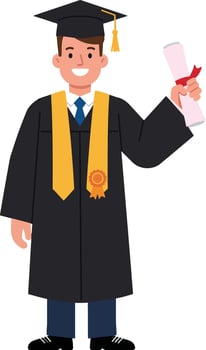 Young male graduate in black robe holding diploma and smiling, flat illustration celebrating academic achievement with proud expression and graduation accessories vector