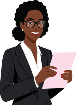 Confident businesswoman in a professional black suit holding a pink document in a flat illustration style with a friendly smile and glasses vector