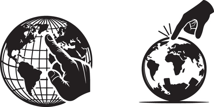 A hand is touching a globe and pointing to the earth vector