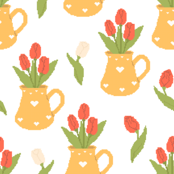 Pixel Art Seamless Pattern Flower Tulips in Vase. Template in retro 8-bit style png
