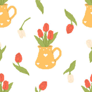 Pixel Art Seamless Pattern Flower Tulips in Vase. Floral Template in retro 8-bit style png
