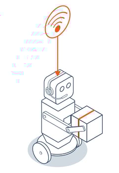 An autonomous wheeled robot delivers cardboard packages straight to customers doorsteps, showcasing modern automated courier technology for a smarter retail delivery experience. vector
