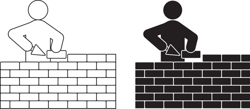 bricklayer building a wall icon. The figure is holding a trowel and placing a brick, representing a construction worker or mason vector