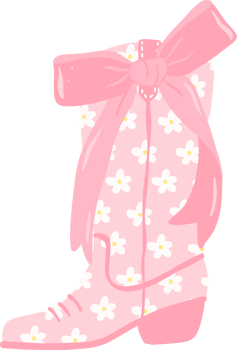 Retro Coquette Cowgirl Boot with Daisy Flower Pattern and Pink Ribbon Bow png
