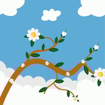 Blooming Branch on Blue Sky with spring flower, flat design style vector
