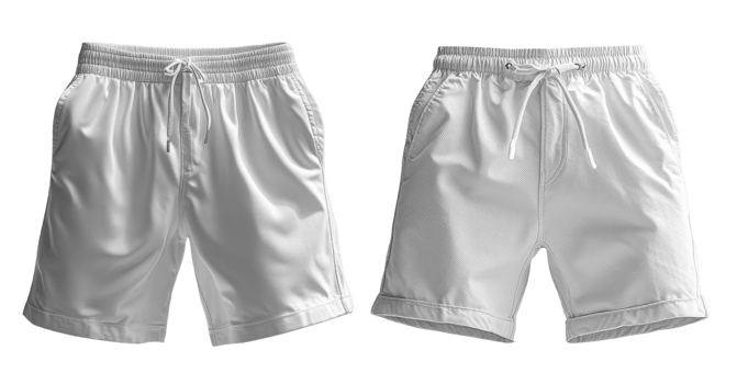 Collection of White athletic shorts with elastic waistband and pockets, perfect for sports or casual wear png