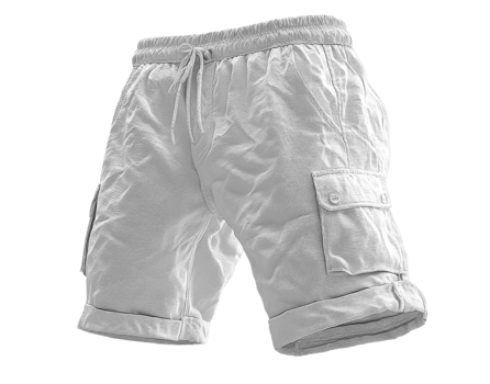Lightweight white cargo shorts with pockets and rolled cuffs, perfect for summer wear png