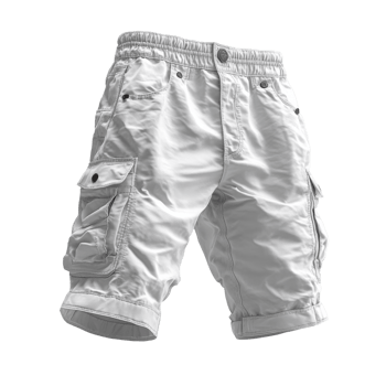 Light gray cargo shorts with pockets and rolled cuffs, perfect for casual wear png