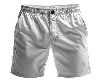 Light gray swim shorts with elastic waistband and pockets, perfect for summer fun png