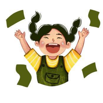 A girl with her arms up in the air and money falling out of her hands png