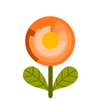 A modern, abstract orange flower with layered petals, a bright yellow center, and fresh green leaves. Ideal for floral designs, digital art, stickers, and decorative elements with a cheerful vibe. vector