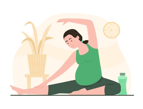 Pregnant Woman Sitting on Mat and Doing Yoga Exercise at Home for Prenatal Health vector