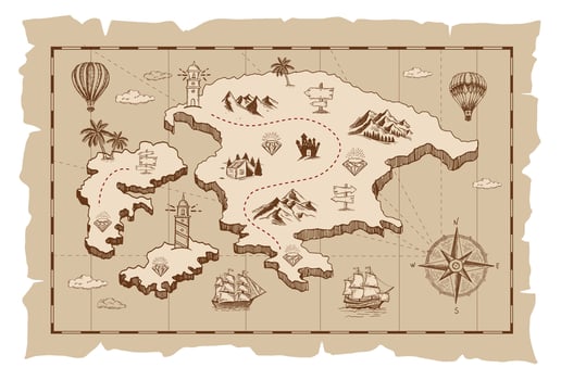 Old pirate treasure map, Hand-drawn illustrations vector