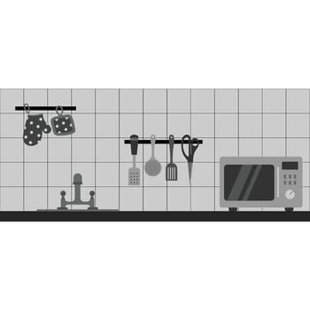 illustration of a kitchen interior with a set of kitchen utensils and a microwave oven. vector