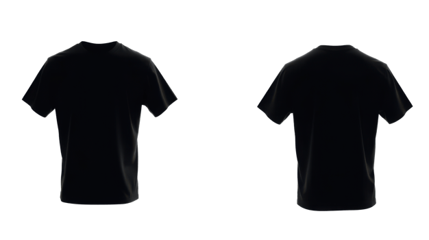 Isolated black t-shirt, displayed with both front and back views, against a transparent background. Plain design. png