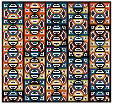 A vibrant geometric pattern featuring circular shapes print in orange, blue, black, and beige, arranged in a grid design. It could be used as a wallpaper, fabric design, or other decorative element. vector