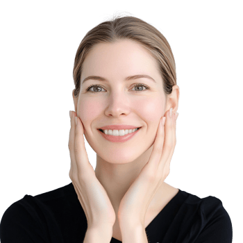 Young woman glowing with happiness, fingers placed on her cheek png