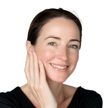 Happy girl laughing, her fingers lightly touching her face png