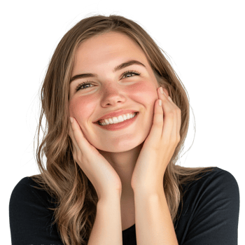 Young woman with a big smile, fingers gently placed on her cheek png