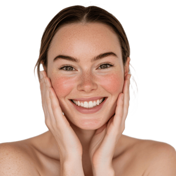 Woman in a joyful mood, her fingers lightly touching her cheek png