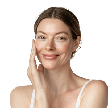 Happy woman tilting her head slightly with her hand on her face png