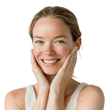 Elegant lady gently placing her hand on her cheek while smiling png